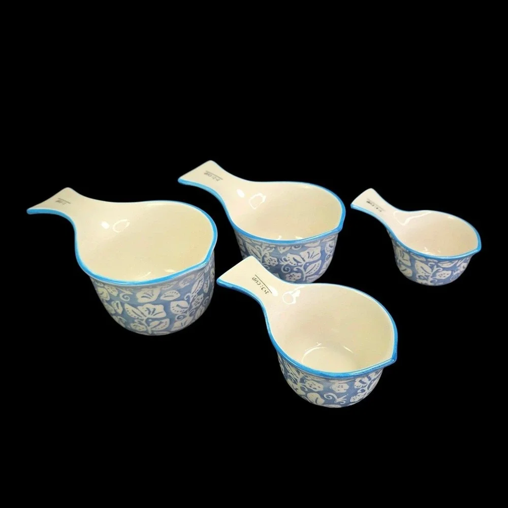 Sparrow and Wren Ceramic Measuring Cups Set 4 Blue Floral Leaf Kitchen Cooking